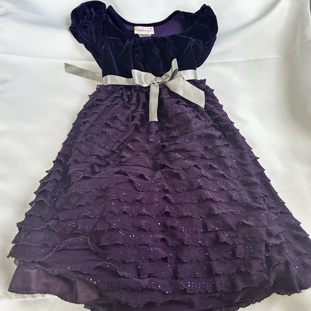 Ashley Ann Purple Ruffled Kids Christmas Dress with Silver Bow size 6X